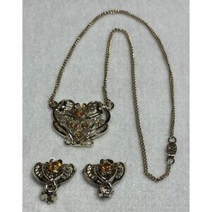 Vintage Aurora Borealis Silver Tone Rhinestone Necklace With Matching Earrings